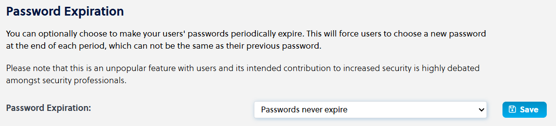 Account Admin - Company Control Panel - Company Display Settings - Security Settings - Password Expiration