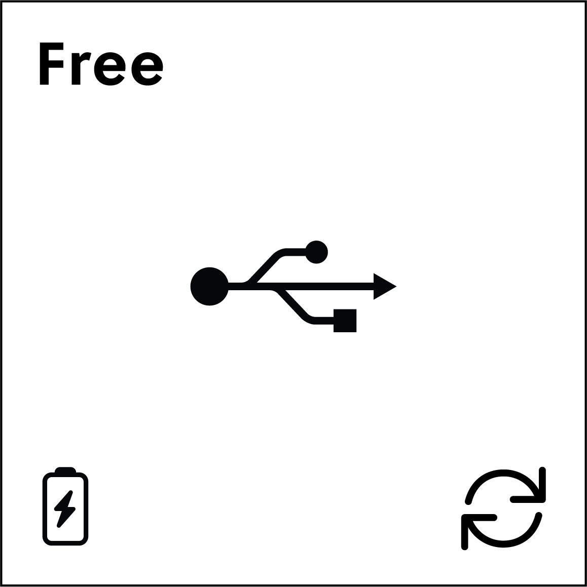 The display of a Saga device in standby mode right after plugging in to charge: screen showing chasing arrows, battery with lightning bolt icon, and USB icon.