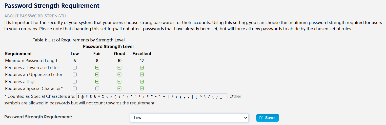 Account Admin - Company Control Panel - Company Display Settings - Security Settings - Password strength requirement list