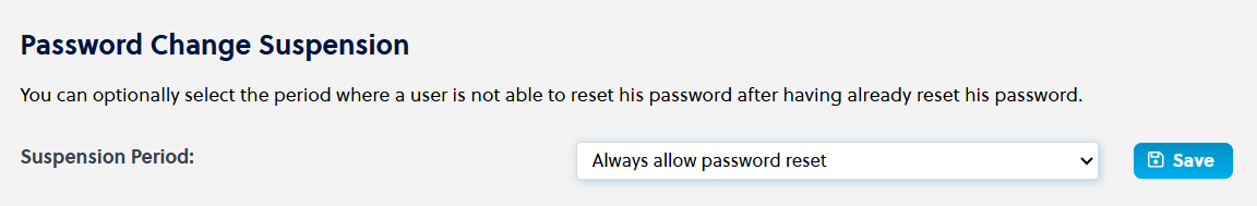 Account Admin - Company Control Panel - Company Display Settings - Security Settings - Password Change Suspension