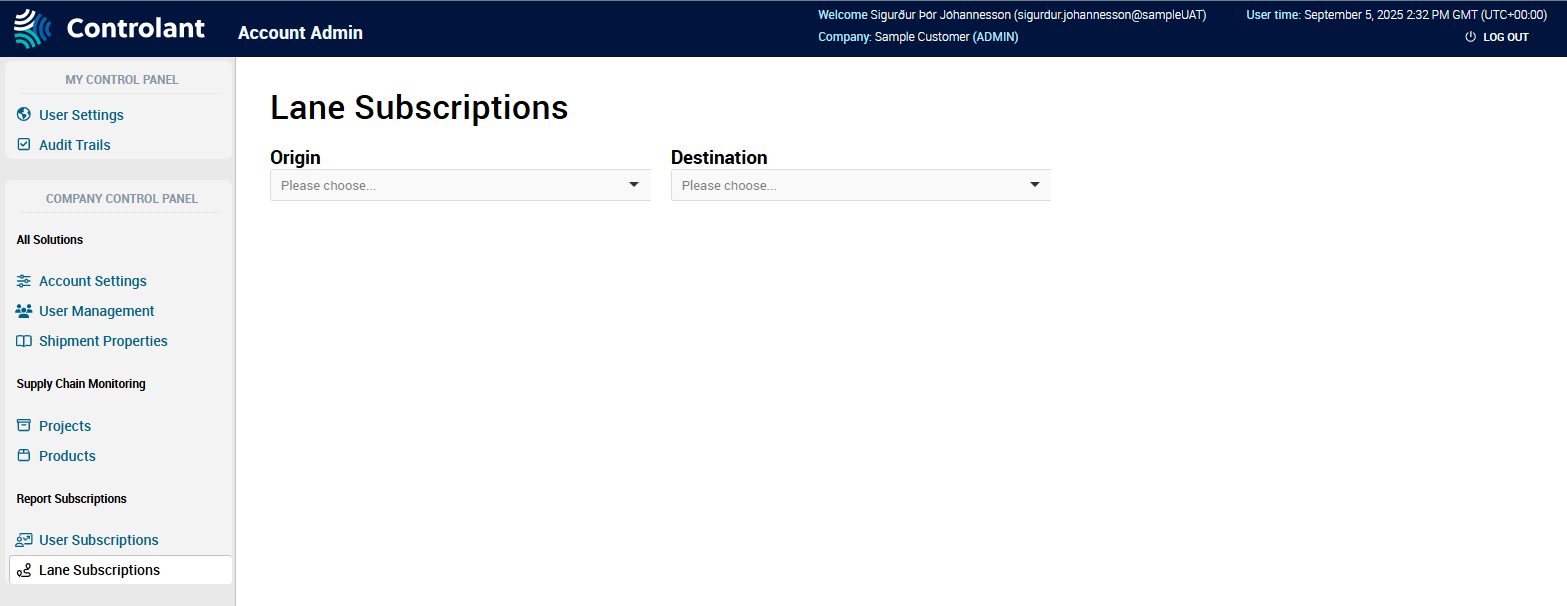 Account Admin - Lane Subscriptions page