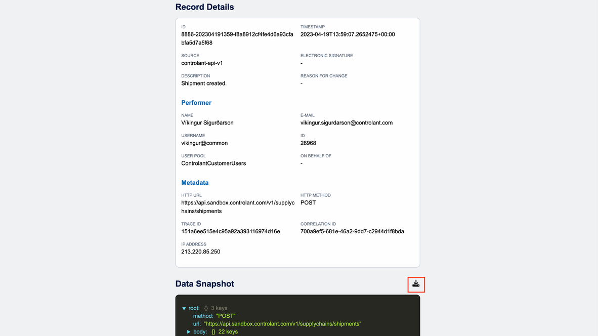 Screenshot showing record details in new UI for Audit trail