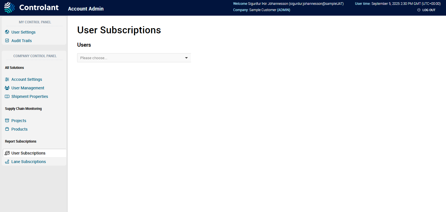 Account Admin - User Subscriptions - page