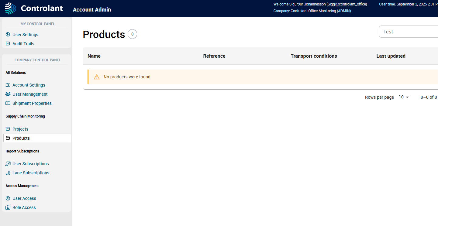 Account Admin - Company Control Panel - Supply Chain Monitoring - Products page