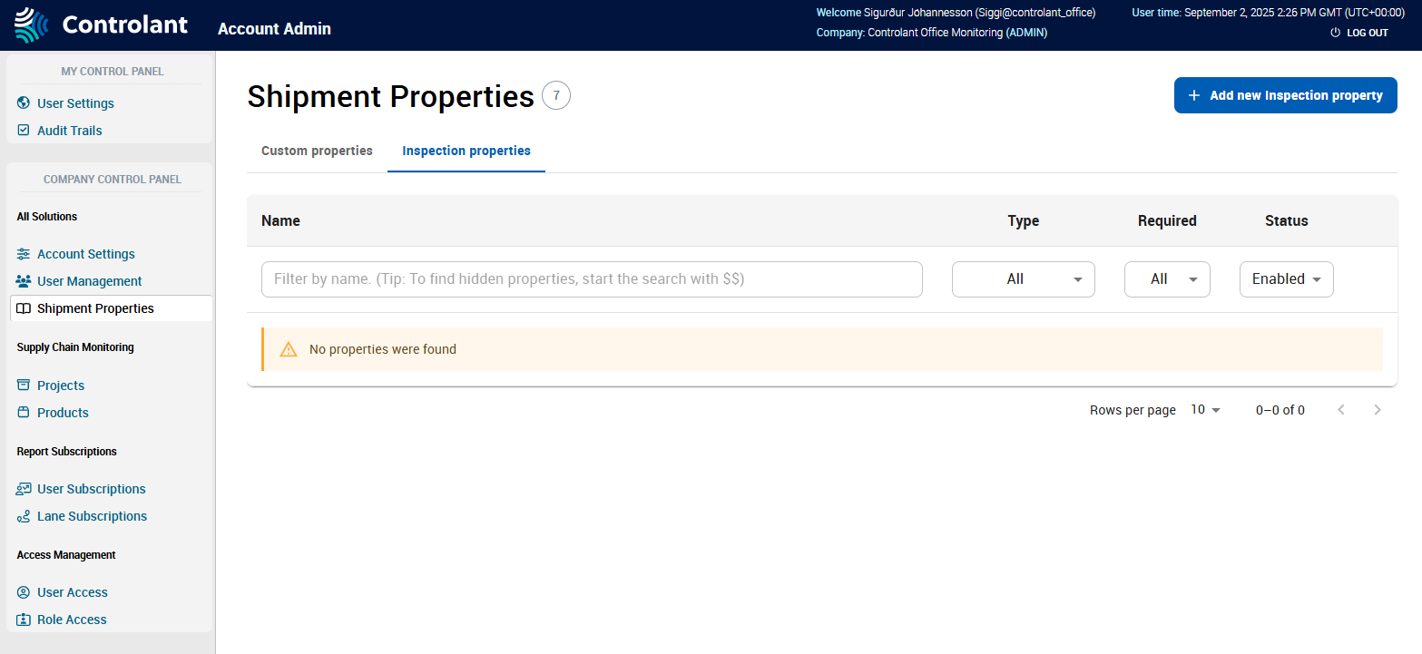 Inspection Properties tab is now under Shipment Properties in the Account Admin menu