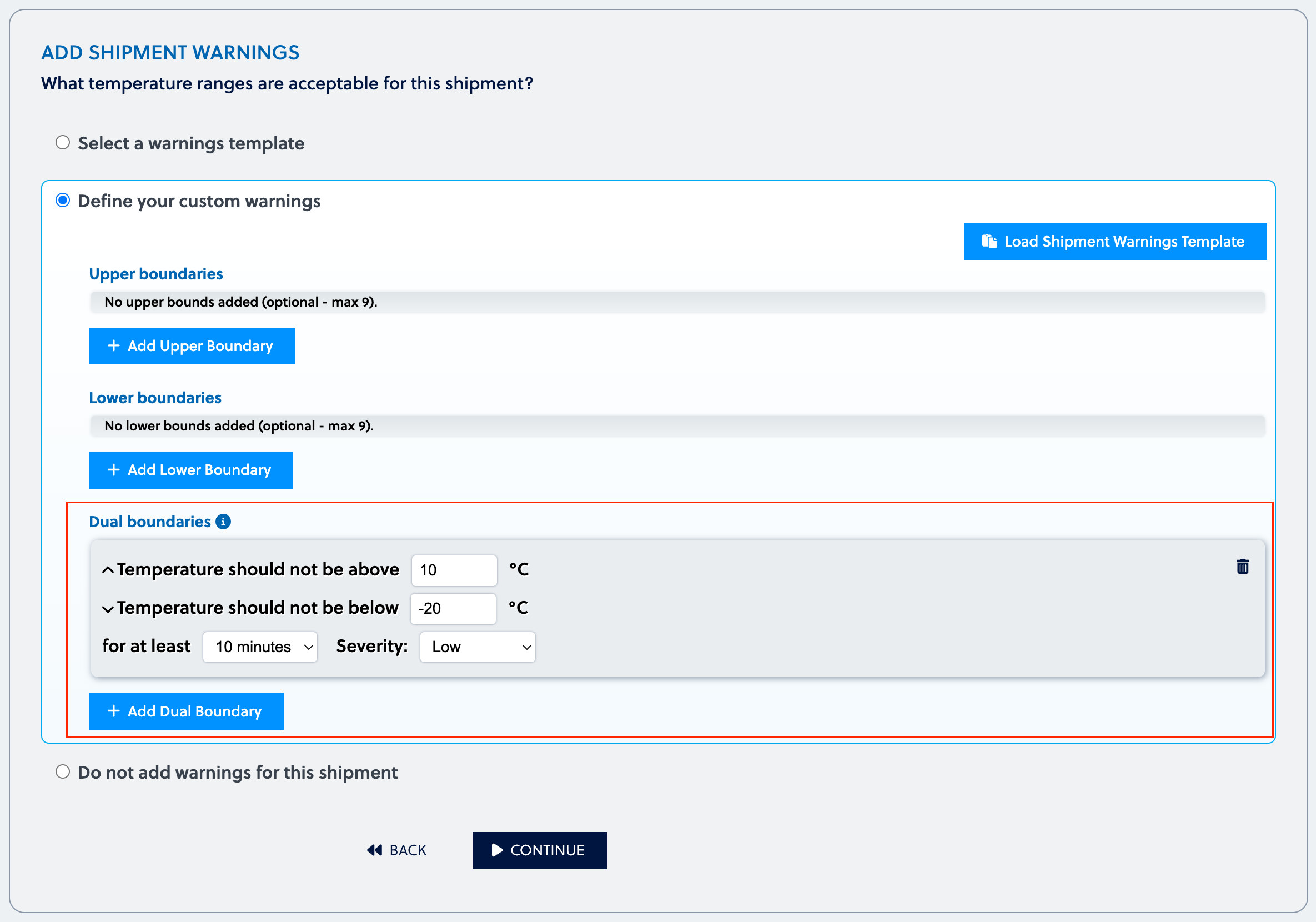 Create shipment dialog, showing where you can configure dual boundaries for a shipment