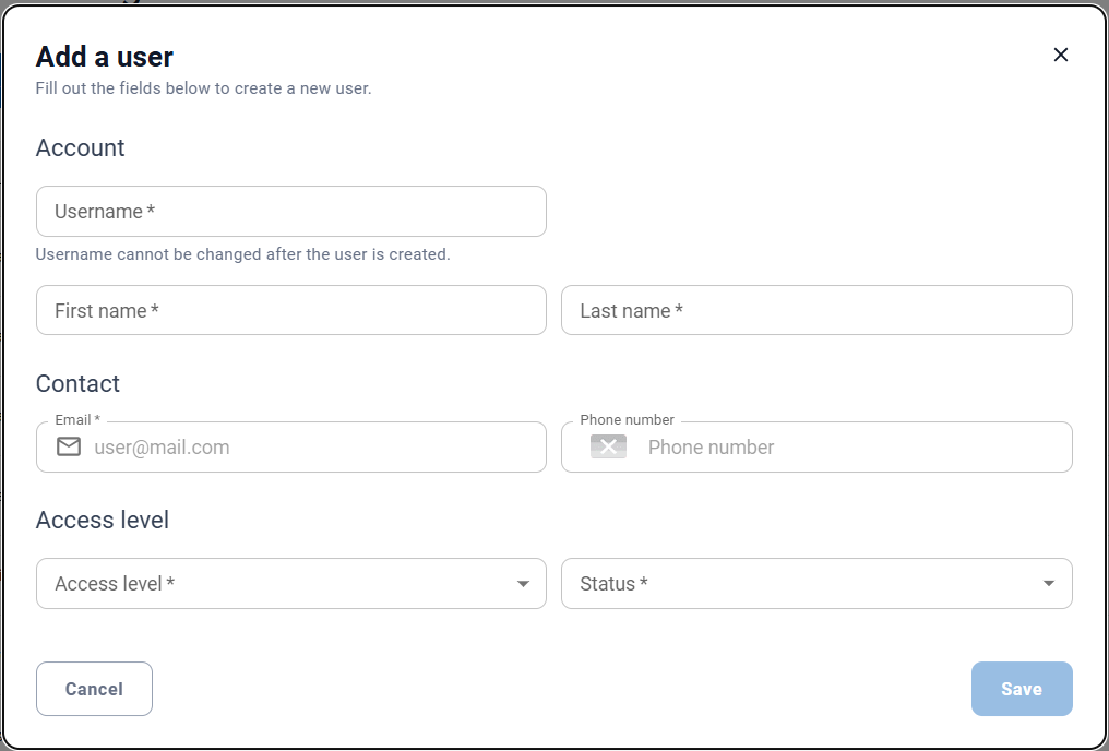 Account Admin - User Management - Add a user dialog