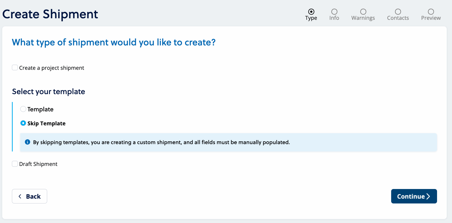 Create shipment flow: Skip template warning