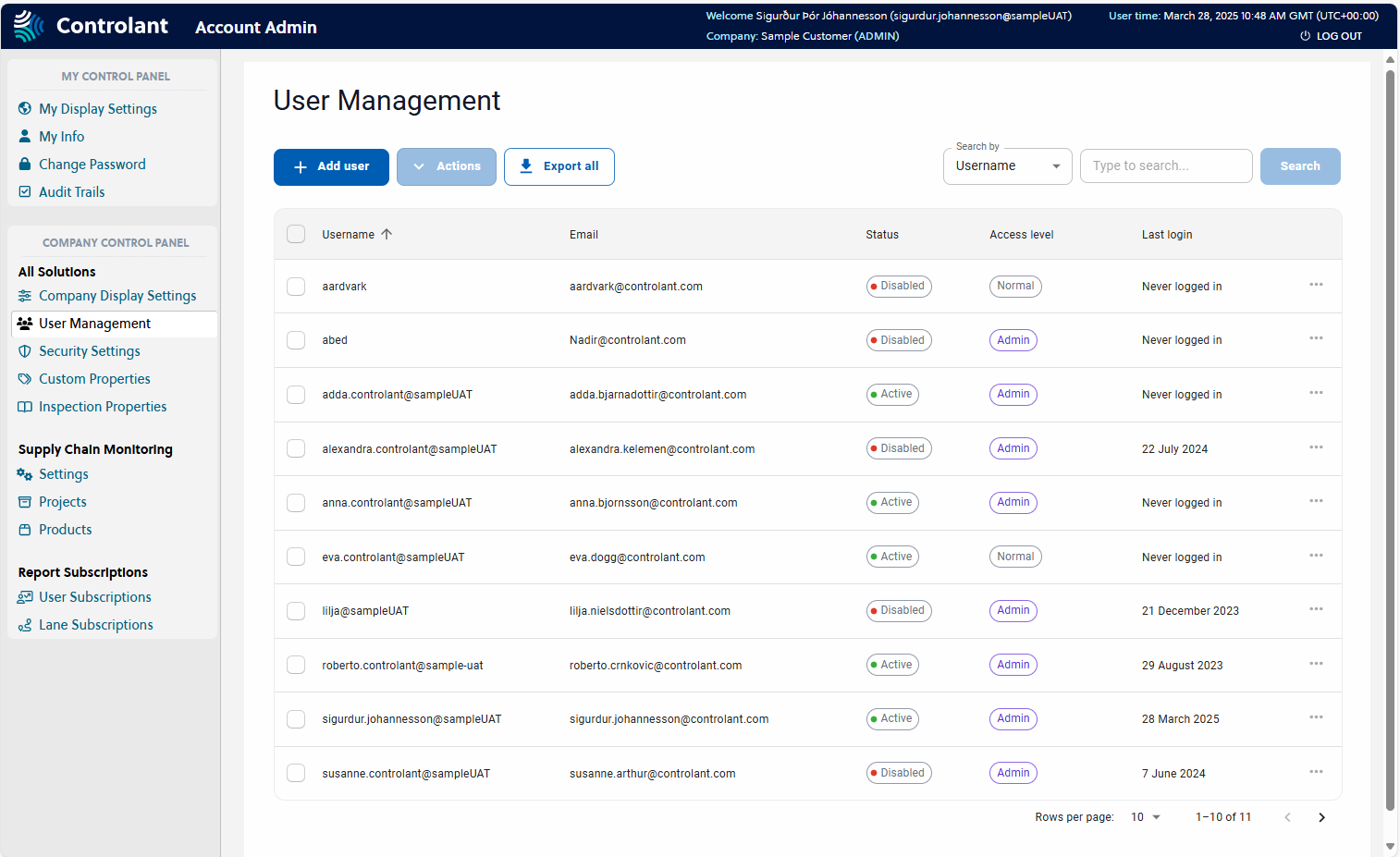 Account Admin - Company Control Panel - Company Display Settings - User Management page